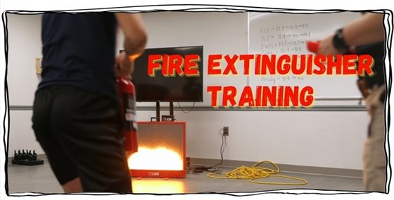 An image of a young man holding a training fire extinguisher and the simulated fire display.