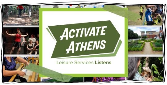 Activate Athens logo overlaid on photos of various parks and recreation images