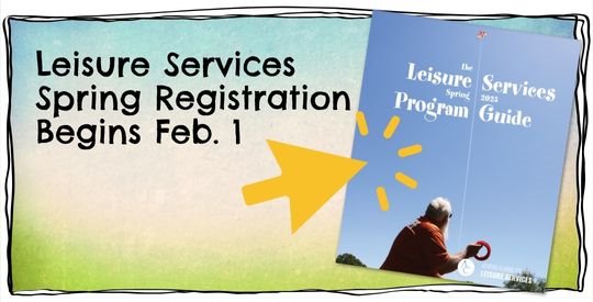 Arrow pointing to the cover of the 2025 Leisure Services Spring Program Guide