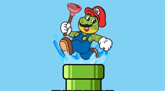 Lily Anne Phibian as Mario, leaping from a green warp pipe with a plunger