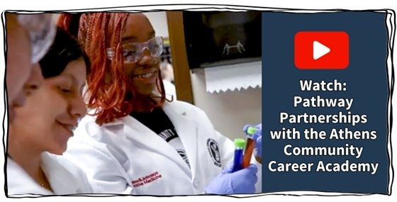 A [icture of three young women in lab gear with a note to watch a video about Pathway Partnerships