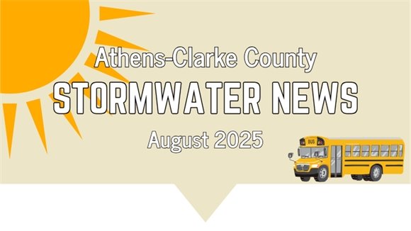 August 2025 Stormwater News header with orange sun and school bus