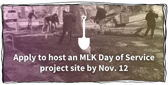 Sepia image of volunteers using shovels and rakes to do landscaping improvements at a project site