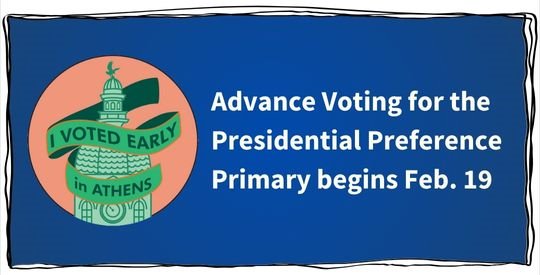 Advance voting dates and the new sticker design showing a green City Hall dome on an orange background