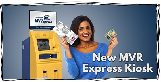 A picture of a woman holding a GA driver's license and vehicle registration in front of a yellow MVR Express kiosk.