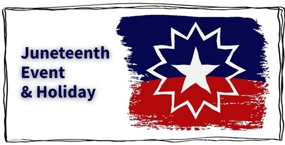 Juneteenth flag next to navy blue text