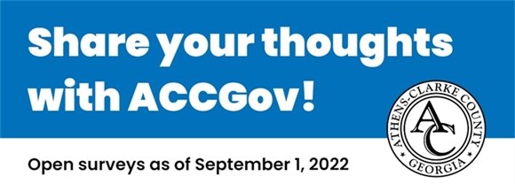 A blue, white, and black header image for the Athens-Clarke County Surveys Listserv