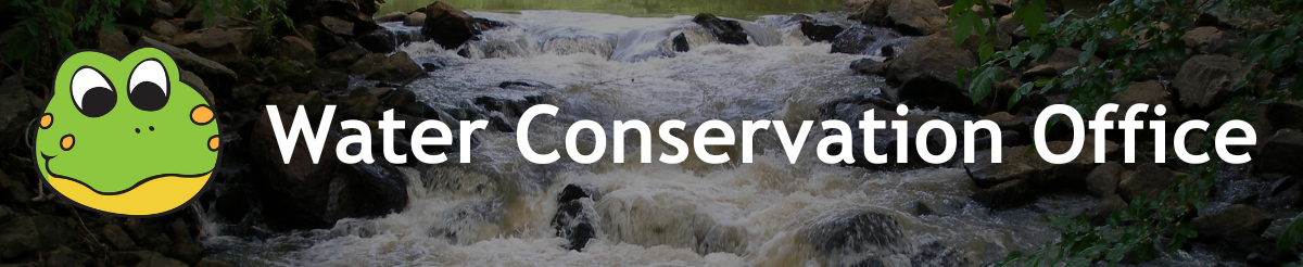 Water Conservation Office. Green and Yellow cartoon frog. Flowing Stream in background. 