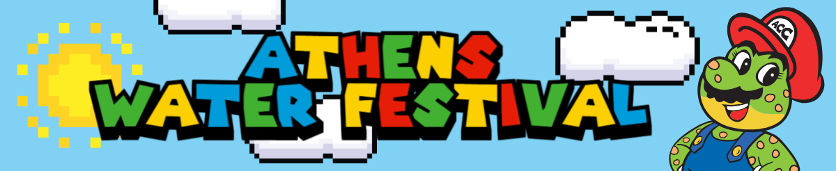 Athens Water Festival written in colorful letters. Cartoon frog wearing mario costume. 8-bit sky.
