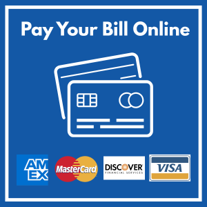 Pay your bill online. Blue background with a graphic of a credit card.