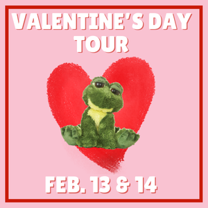 Valentine's Day Tour. Feb. 13 & 14. Stuffed animal frog in front of a cartoon heart. Pink backgro
