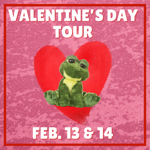 Valentine's Day Tour. Feb. 13 & 14. Stuffed animal frog in front of a cartoon heart. Pink backgro