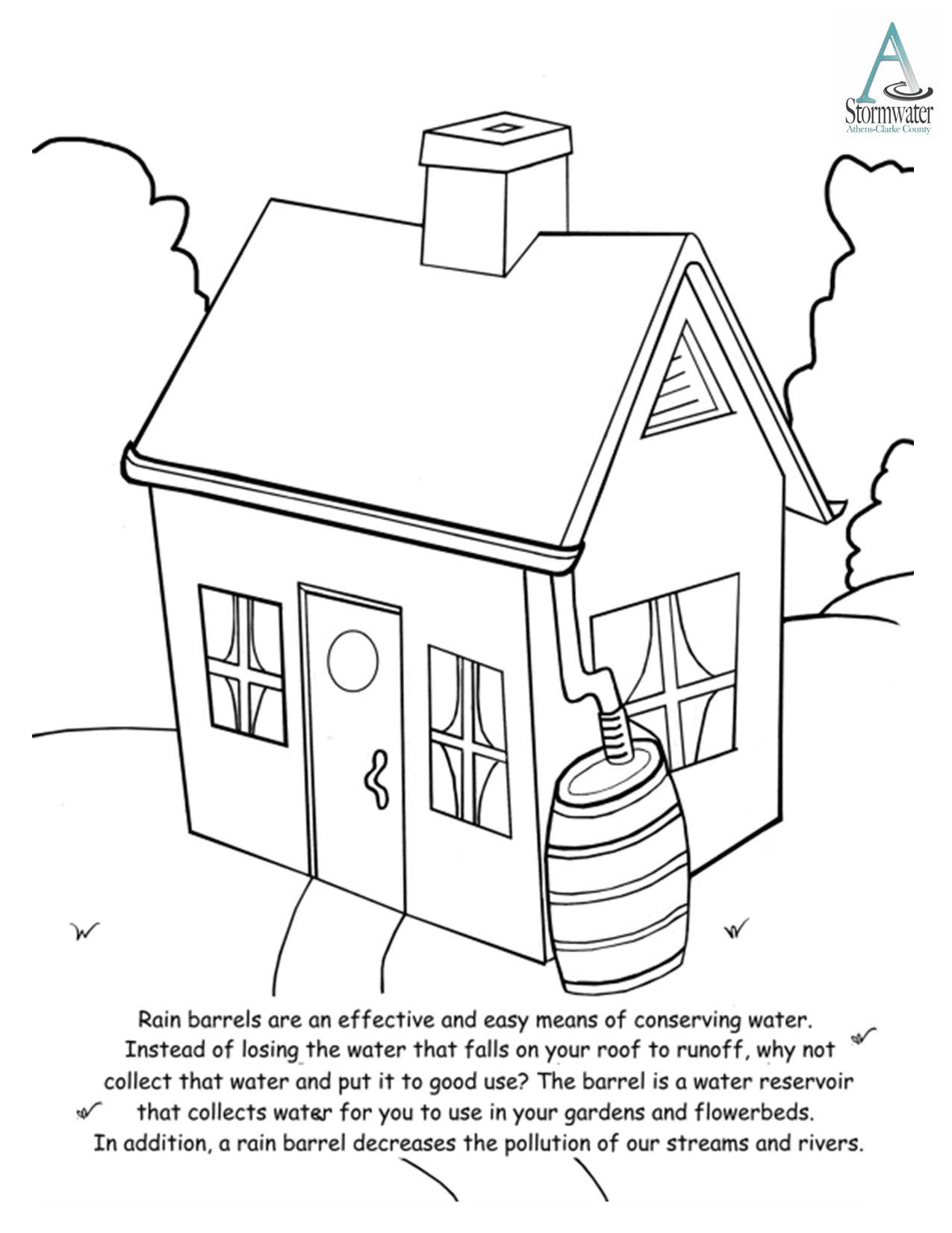 House and rain barrel coloring sheet