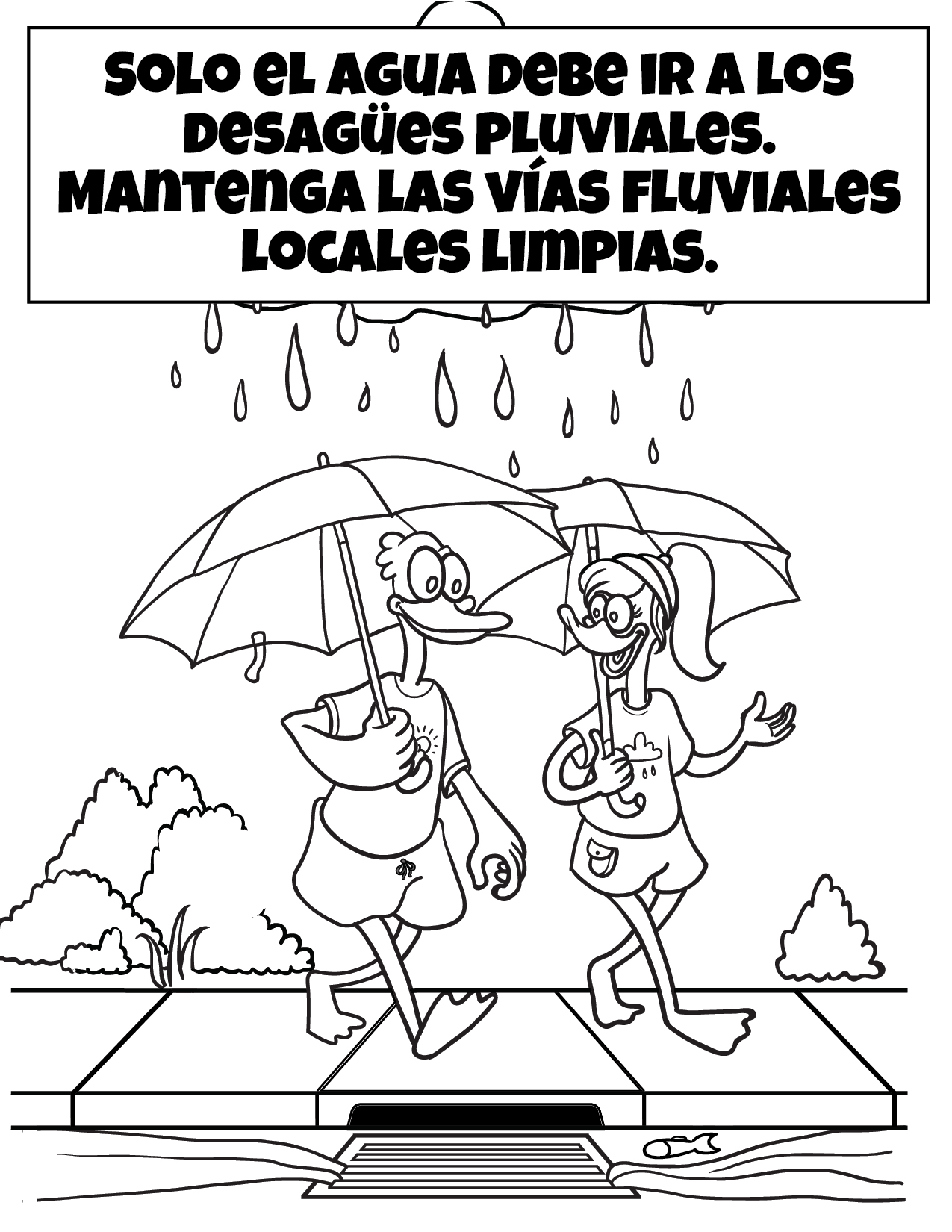 Only Rain Down the Storm Drain Coloring Sheet - Spanish