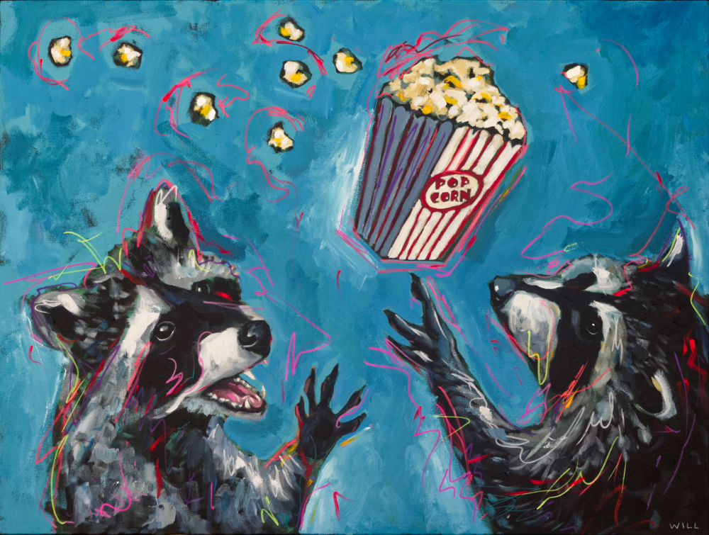 Movie Night raccoon popcorn cinema blue funny cute glam rock n roll metal 80s party painting Will Es