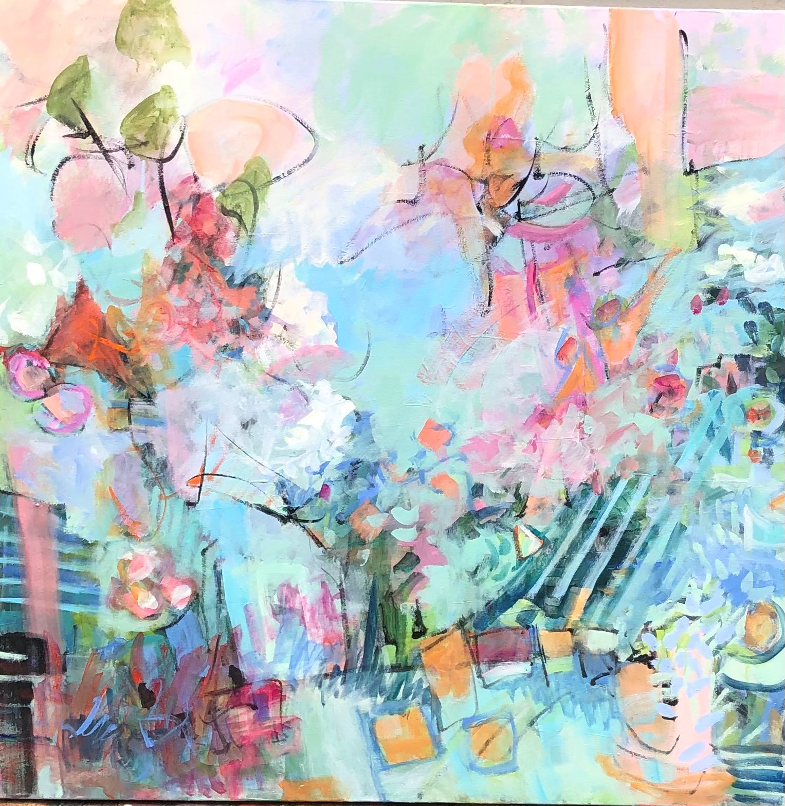 Vicki Overstreet, Sipping Peach Bellinis, 2021, Acrylic on canvas, 40" x 40"