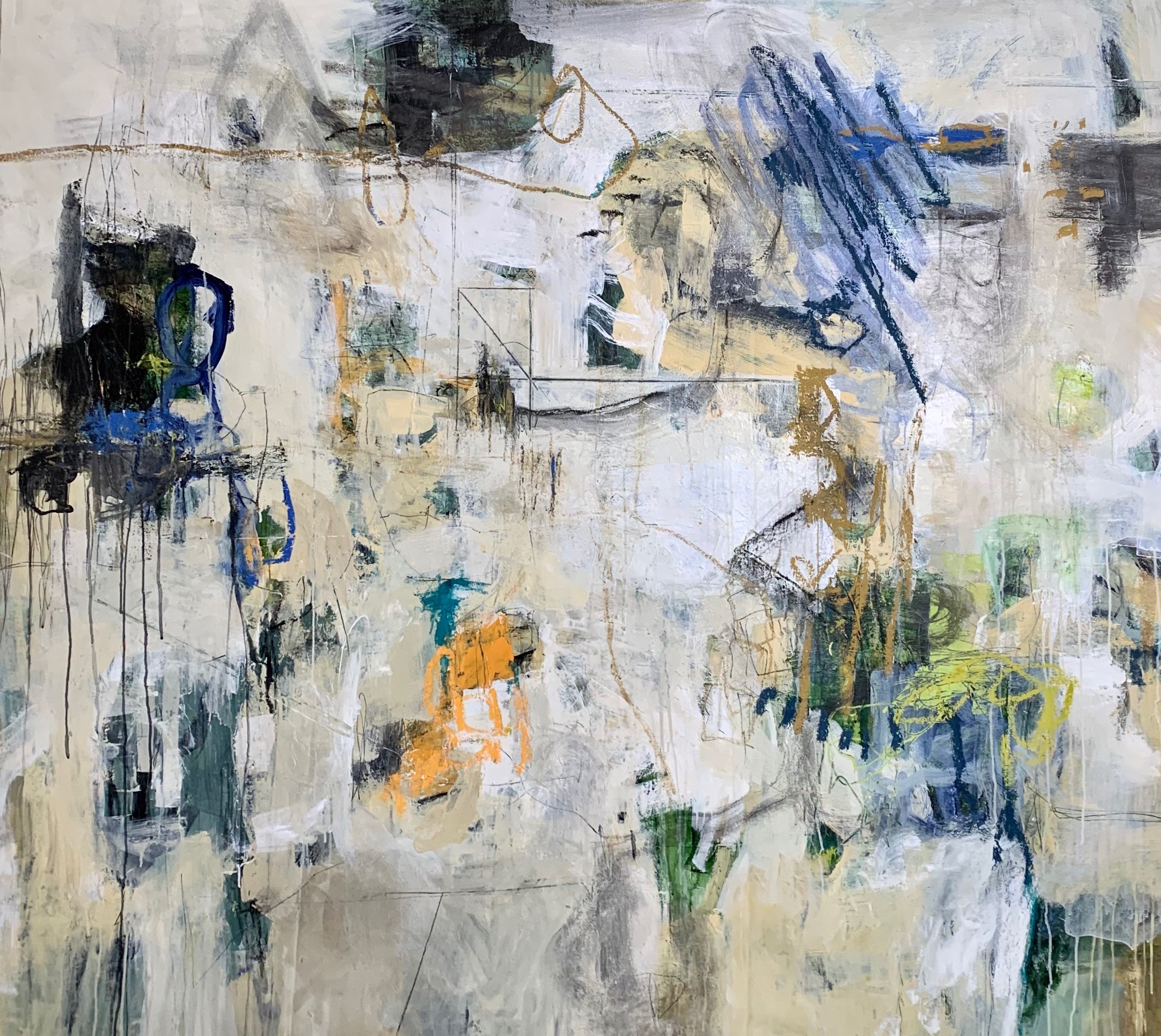 Rhenda Saporito, Cigars on the Beach 22, 2020, Acrylic, oil pastel, mixed media on canvas, 46" x 