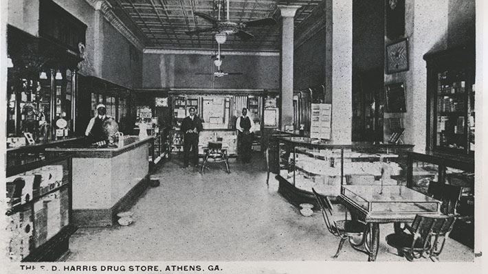 A historic photograph of the E.D. Harris pharmacy.