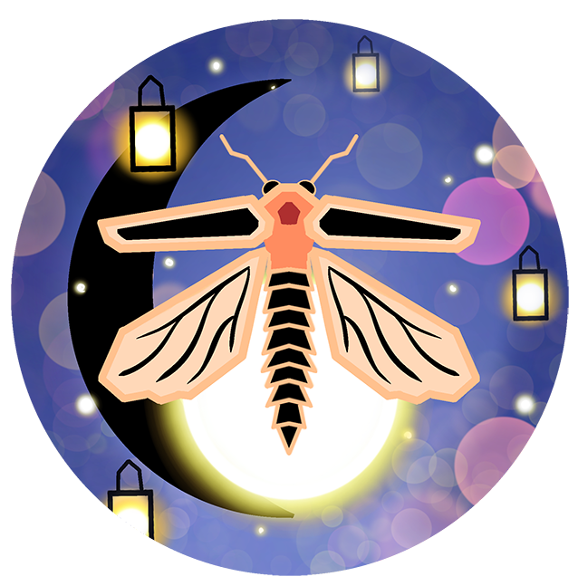 A stylized firefly in warm browns surrounded by a watercolor purple night sky with stars and a moon.