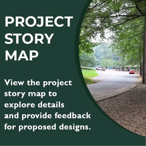 An image of the lower parking lot at Memorial Park and an invite to explore the porject story map.