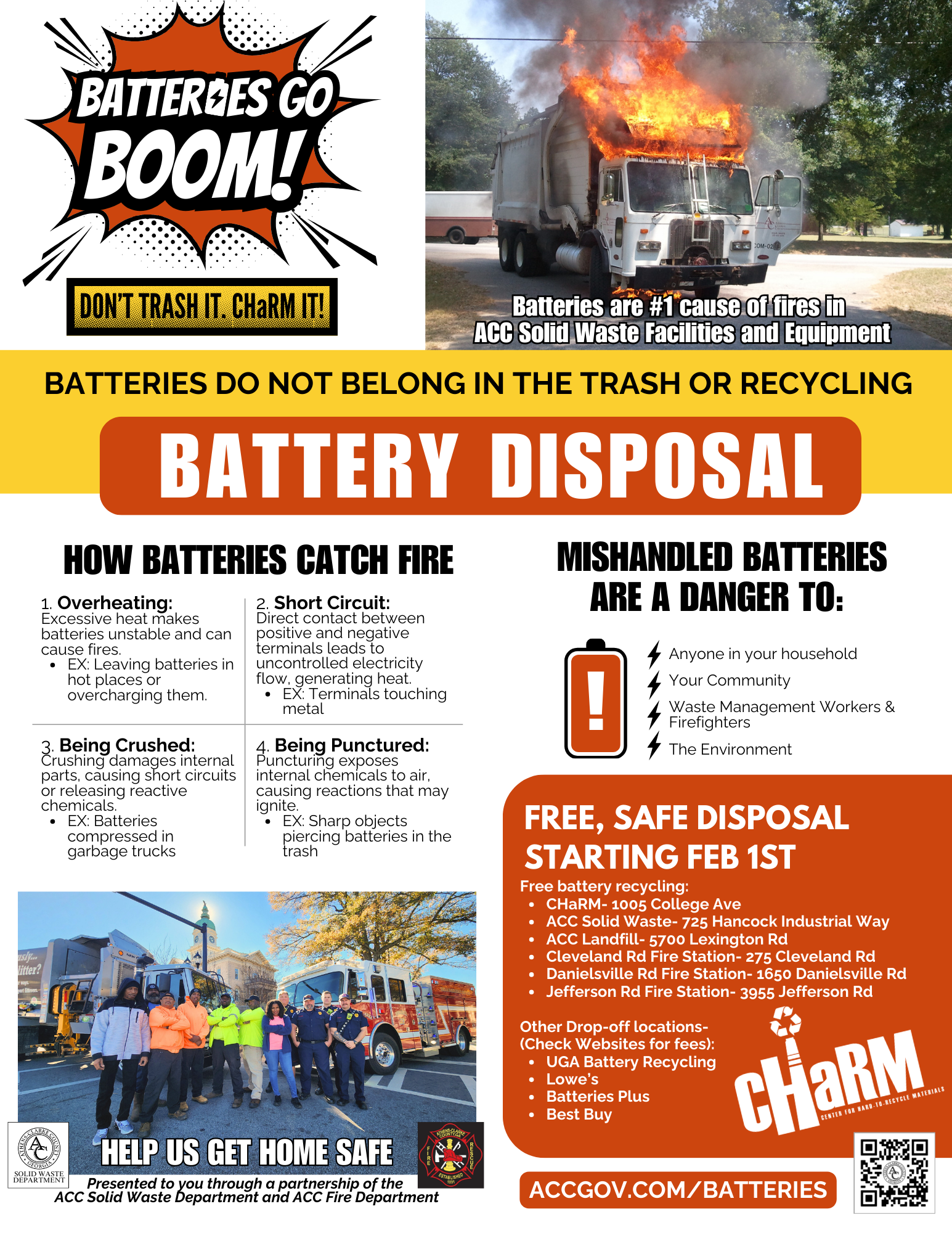 Flyer for proper battery disposal at CHaRM with a picture of a truck on fire