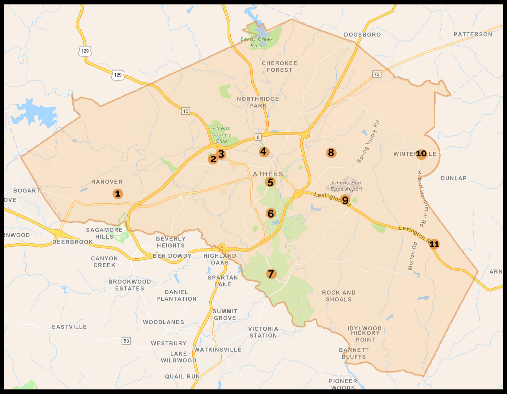 Map of Athens-Clarke County showing locations listed as food scrap drop sites.