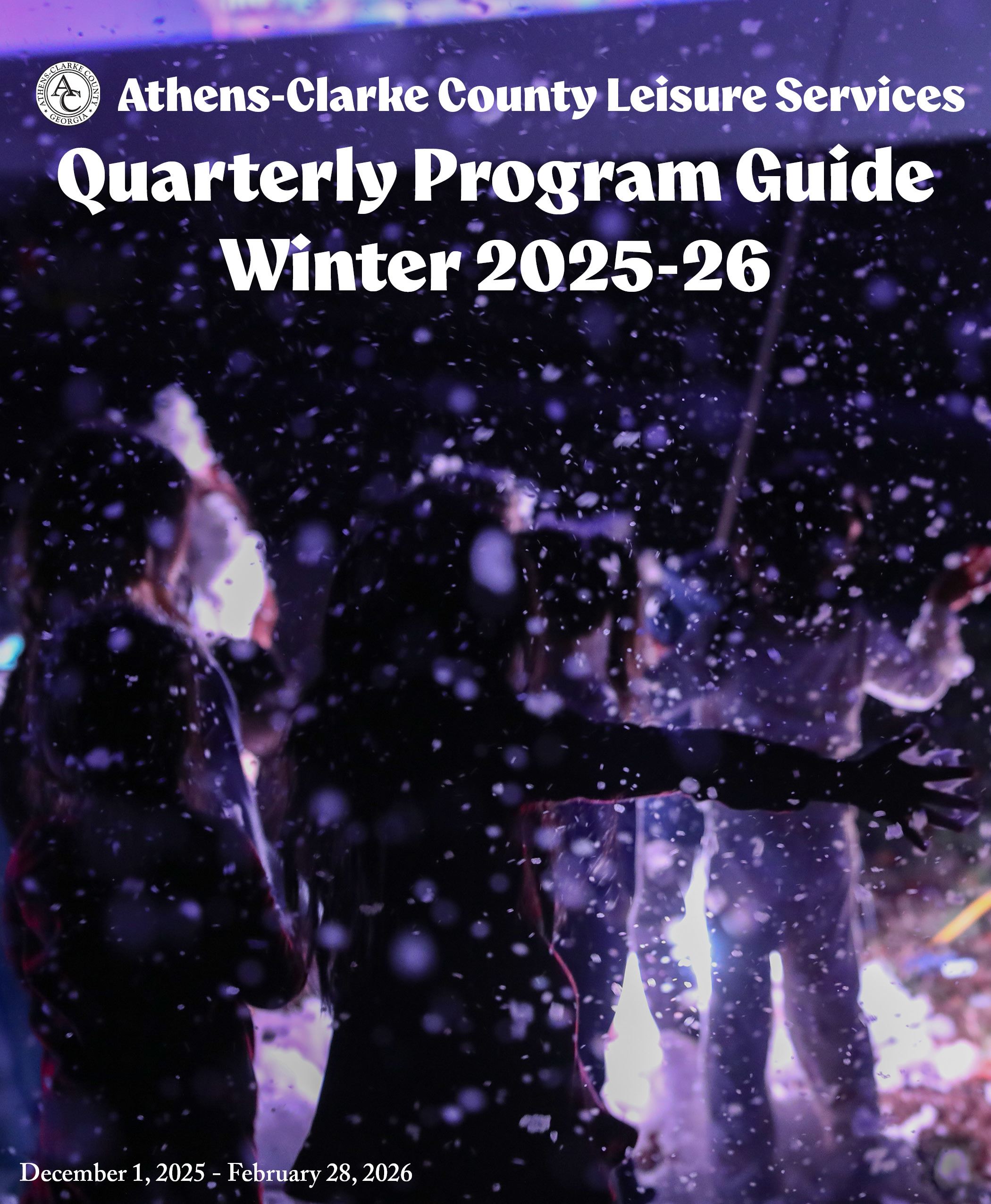 Winter 2025-2026 Program Guide cover depicting children playing in fake snow.