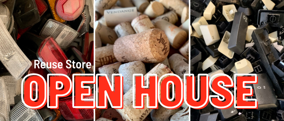 Open house banner with corks, reflectors, keyboard keys