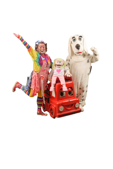 A Clown, Fire Safety Mascot Sparky the Dog, and Freddie the Remote Controlled Fire Truck