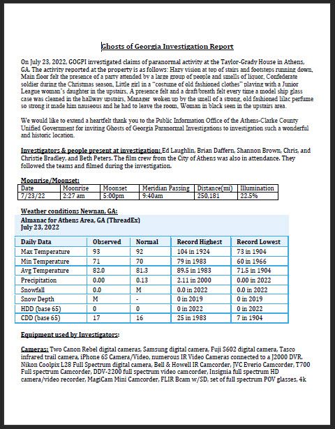 Taylor Grady Ghosts of Georgia Investigation Report Opens in new window