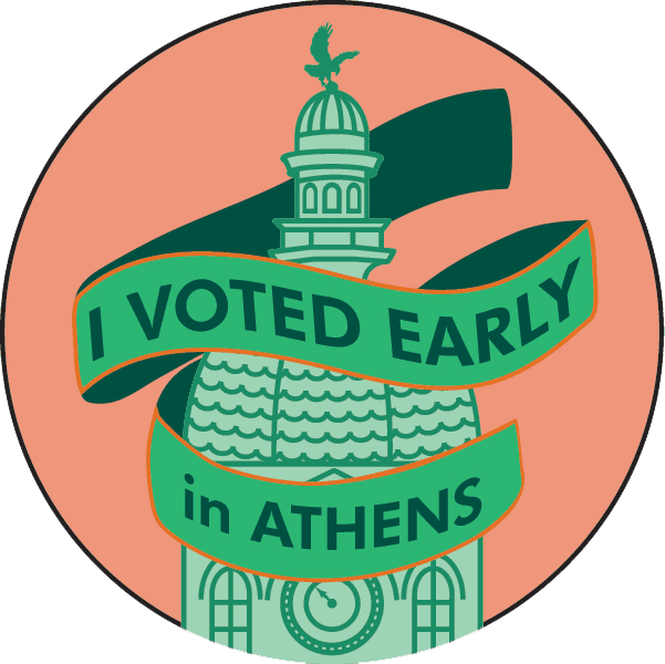 Green City Hall dome on an orange background with a ribbon with the words "I voted early in Athen
