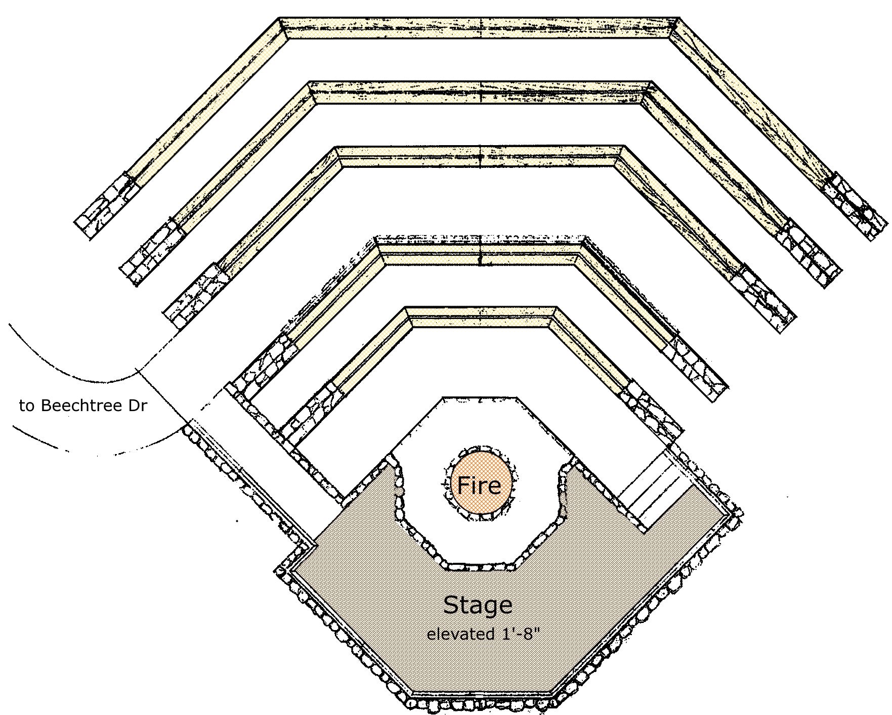 Plan view sketch of the amphitheatre at Sandy Creek Park.